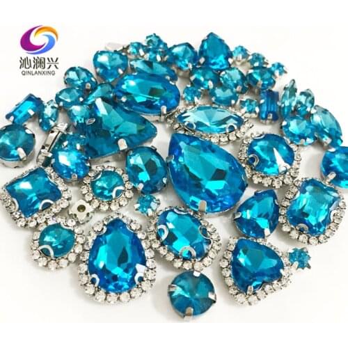 Lake blue color Mix size Crystal buckle+claw rhinestone,Silver base galss sew on stones diy/Clothing accessories 50pcs/pack
