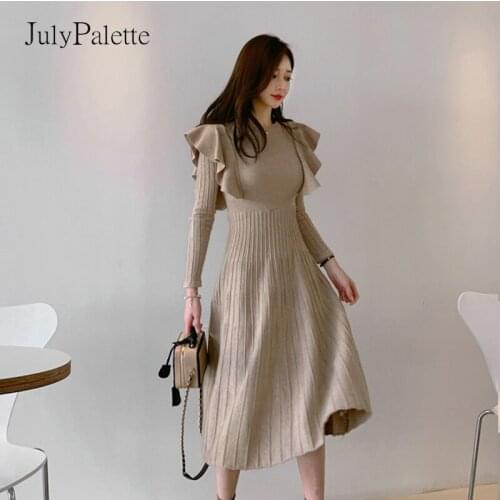 JulyPalette Elegant Ruffles Knitted Dress Spring Autumn Long Sleeve O neck Sweater Dress Ladies Slim Knit Long Dress Femme