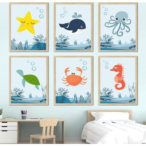 Starfish Whale Octopus Turtle Nursery Whale Wall Art Canvas Painting Nordic Posters And Prints Wall Pictures For Kids Room Decor