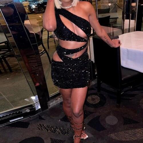 Club Sexy Outfits For Women Black Sparkle Asymmetric Bodycon Cut-out One Shoulder Chic Vestidos Fashion Performance Costume 2021