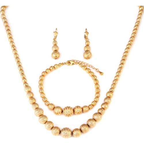 African Beaded Earrings Necklace Bracelet Set Gold Color Ball Arab Middle East Ethiopian Women Wedding Jewelry