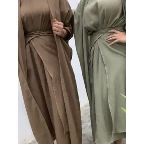 3 Piece Matching Set Women Muslim Linene Dubai Arabic Modest Outfit Plain Kimono Open Abaya Maxi Dress Wrap Front Skirt Long Eid