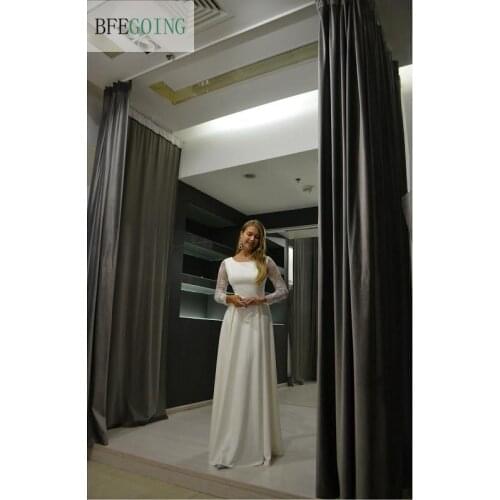 Ivory Lace Satin Chiffon Long Sleeves Floor-Length A-Line Wedding Dresses Custom Made Bridal Gowns