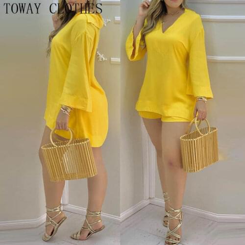 Summer Women Plain Bell Sleeve V-Neck Top & Shorts Set Two Piece Set