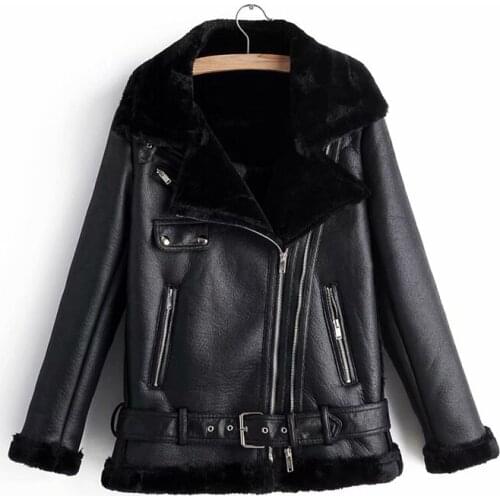 Fashion Women Faux Lamb Wool Fur Leather Jacket Winter Lady Thick PU Outerwear Cool Female Zipper Suits Moto Girls Jacket Tops