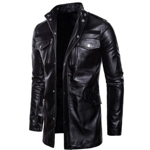 Autumn and Winter New Fashion Mens Stand-Up Collar Four-Pocket Mid-Length Mens Motorcycle Jacket