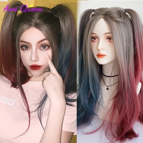 LIANGMO Halloween Cosplay Wig Long Wavy Gradient Blue Pink Synthetic Hair Wigs for Woman Heat Resistant Fiber Wig