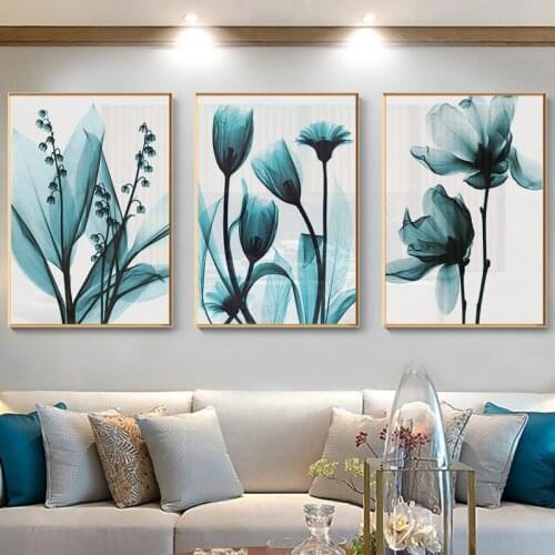Blue Flower Wall Art Nordic Canvas Painting Poster Transparent Blue Floral Print Picture for Vintage Living Room Decoration
