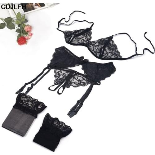 Sexy Lingerie Set Temptation Lace Push Up Transparent Bra Set Erotic Women Red Underwear Bras & G-String & Net Socks & Sling