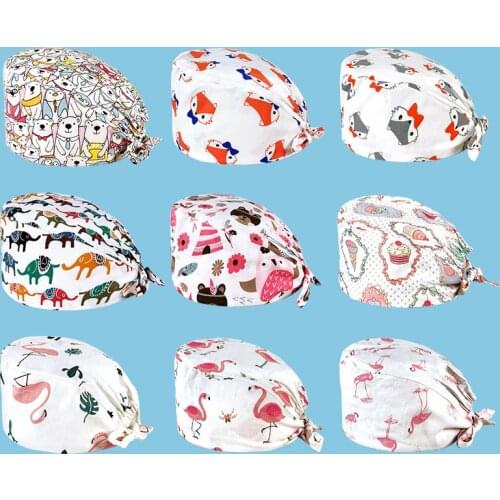 1pcs Scrub Nurse Hat Sanitary Cap With Sweatband Cartoon Flamingo Printing Nursing Caps Beauty Salon Scrub Cap