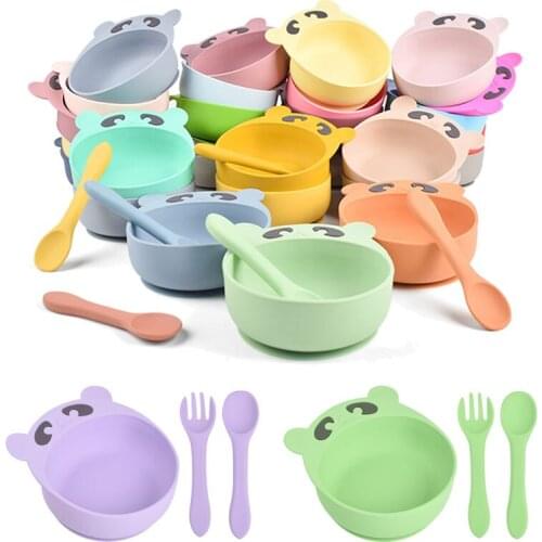2021 27Colors New Panda Silicone Bowl WIth Spoon Fork Food Grade Non-Slip Suction Bowl Kids Tableware Waterproof BPA Free Spoon