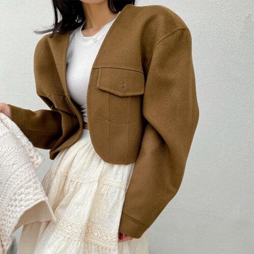 2021 Women Jacket Short Wool Female Coat New Loose Solid Outwear Vintage Casual Elegant Gentle Warm Office Lady