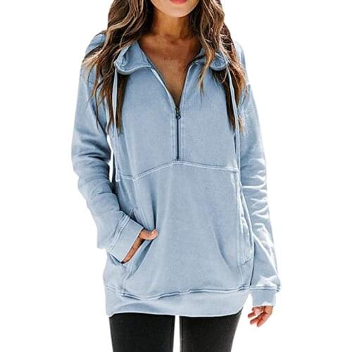 Harajuku Korean version loose Hoodies Women Quarter Zip Sweatshirts Long Sleeve Oversized Pullover Tunics With Pockets