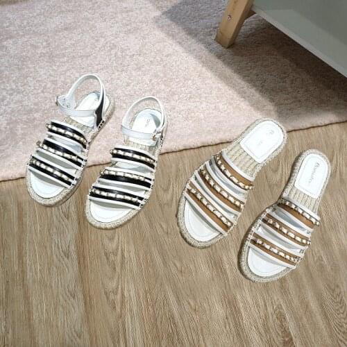 Womens Shoes Summer Fashion Brand Casual Sandals Chain Genuine Leather Ladies Handmade Weave Flats Slippers and Flat Sandals