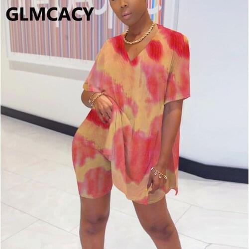 Women Casual Tie Dye Printed Short Sleeve Shirt Top & High Waist Shorts Set Two Pieces Summer Tracksuits