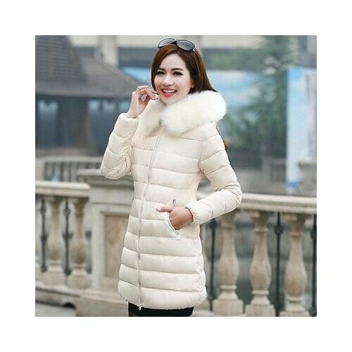 Winter Women Parka Long Fur Collar Hooded Coat Jacket Outwear Down Cotton Warm Large Size Slim Solid Colors Are Versatile