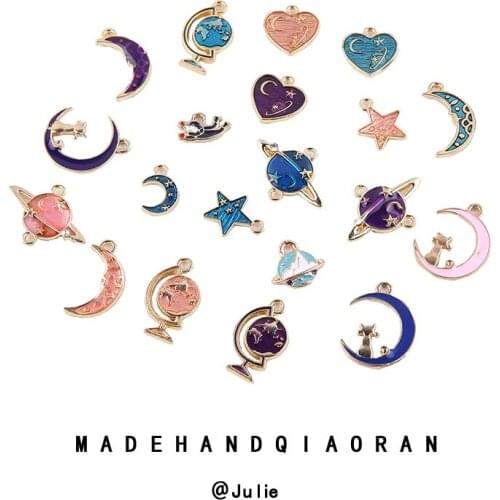 10pcs Space Series Star And Moon Love Alloy Drop Oil Pendant Diy Jewelry Accessories