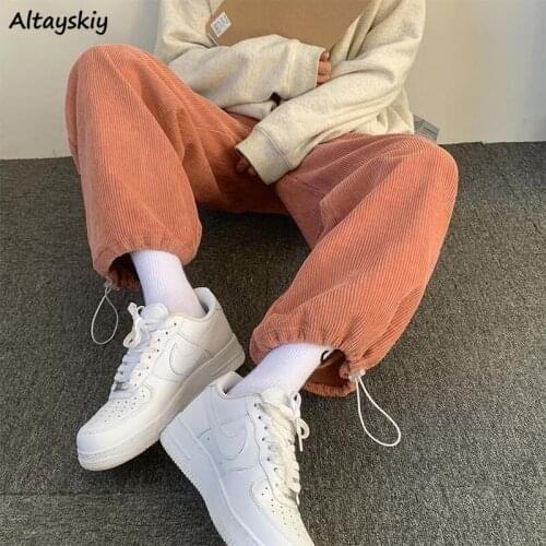 Wide Leg Pants Women Loose Spring Corduroy Pleated Solid Elastic Waist Soft Baggy Vintage Fashion Streetwear 3 Colors Plussize