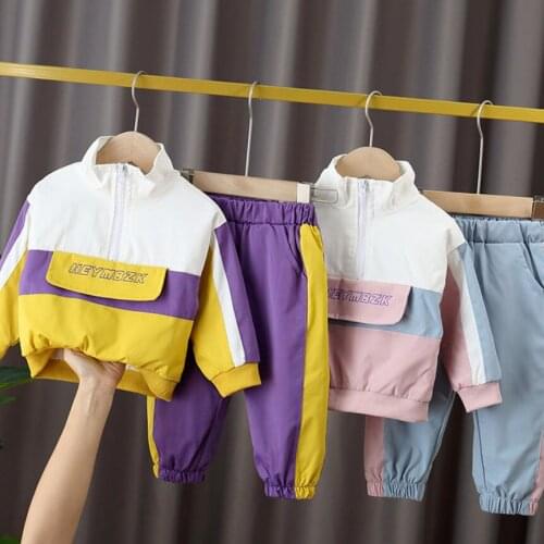 Baby Two-Piece Childrens Korean Alphabet Spring Autumn Suit 2021 Boys Girls Growth Sleeve Candy Color Stitching New Suit