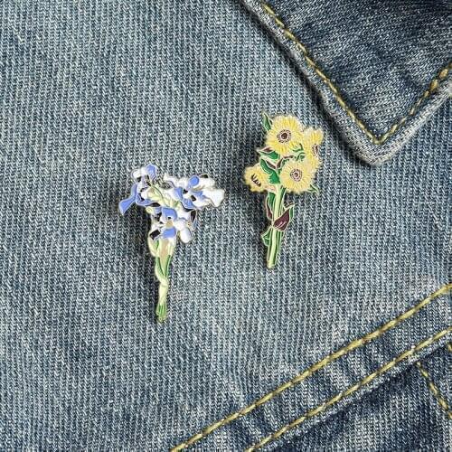 Sunflower Enamel Pins Plant Floral Brooches Bag Clothes Lapel Pin Badge White Rabbit Dancing Bunny Jewelry Women
