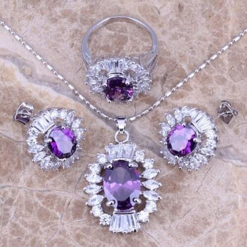 Purple Cubic Zirconia White CZ Silver Plated Jewelry Sets Earrings Pendant Ring Size 6 / 7 / 8 / 9 / 10 S0070