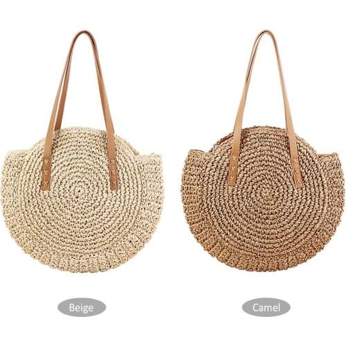Round Straw Beach Bag Vintage Handmade Woven Shoulder Bag Raffia circle Rattan bags Bohemian Summer Vacation Casual Bags