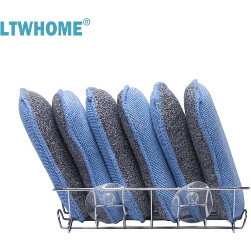 LTWHOME Dual Sided Microfiber 2 in 1 Scrub Washing Up Pad with Large Soap Sponge Holder