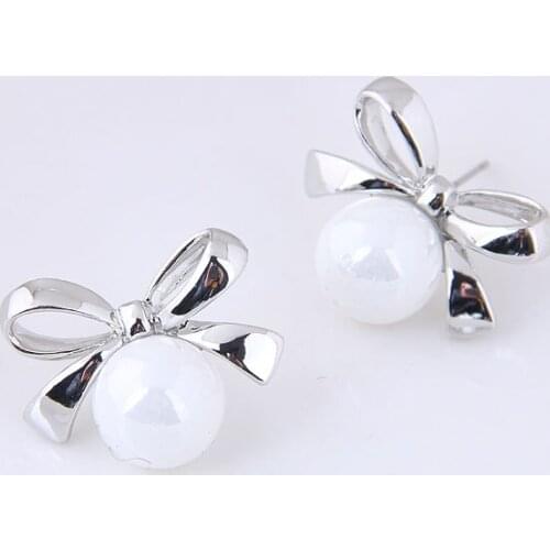 Fashion silver color bowknot Stud Earrings with big pearl For Women OL earrings Fashion Accessories Elegant Boucle D'oreille