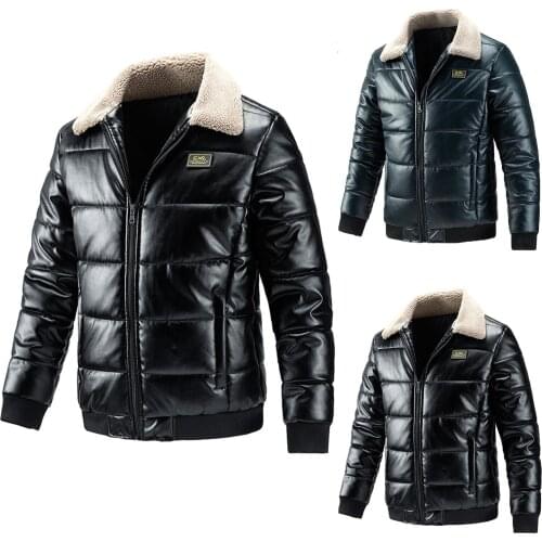 Mens Leather Suede Collar Baseball Uniform Jacket Mens Leather Winter Turn-down Collar Coat Casual Handsome Cotton Padded Jacket