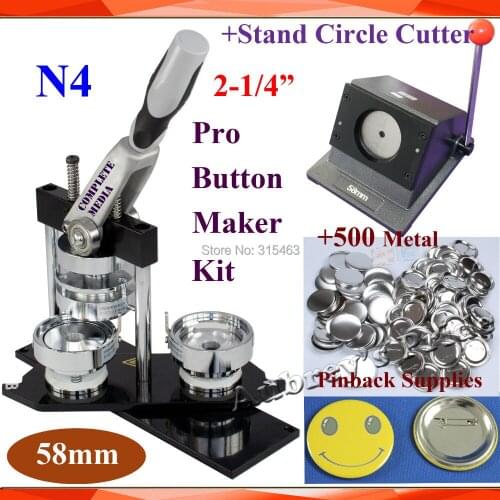 N4 2-1/4" 58mm Badge Button Maker Machine +Stander Multi-Sheets Punch Cutter+500 Sets Metal Pinback Button Supply