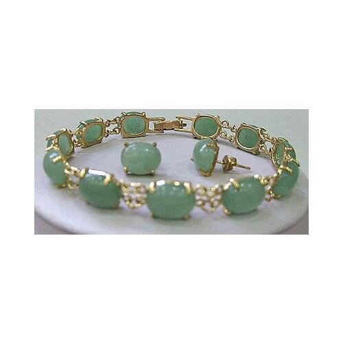 Natural Green Aventurine bracelet earrings set Plated gold Bridal wide watch wings queen JEWE