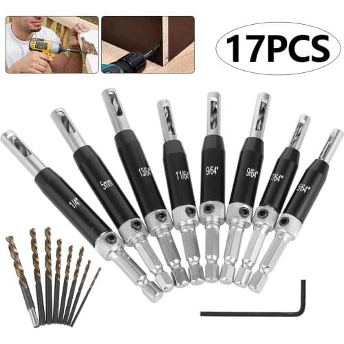 17pcs Hexagon Shank Hinge Drill Bit Set Lock Hinge Drill Set Hardware Tray Pilot Hole Guides for Woodworking Power Tools