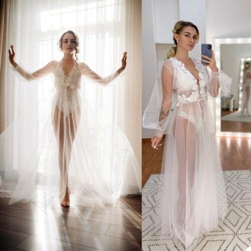 Elegant Sexy V Neck Women Nightgown Custom Made Long Sleeve Lace Floor Length Lingerie For Photo Fashion Party Wedding Bathrobe