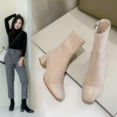 New Women Shoes High Heels Slip ankle boots winter Stretch socks boots elegant Square high heels shoes female Plus size 32- 43