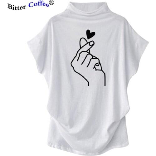 NEW Finger Heart Print T Shirt Women Batwing Sleeve Casual Turtleneck Loose Tshirt Summer Women Tee Shirt Tops Camisetas Mujer