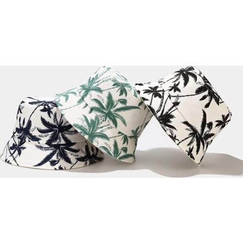 Summer New Bucket Hat Coconut Tree Pattern Fisherman Hat for Men and Women Outdoor Visor Beach Sun Protection Hat Unisex Panama