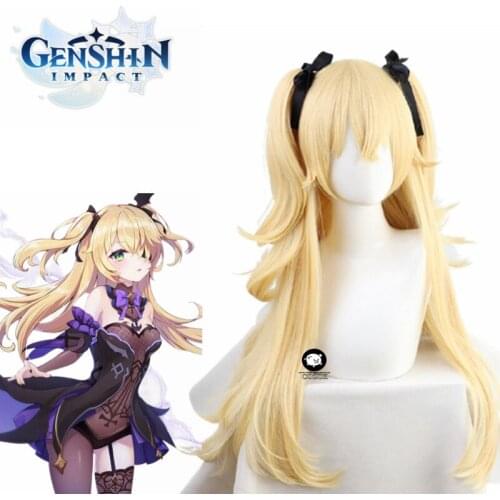 Game Genshin Impact Fischl Cosplay Wig Long Yellow Wigs with Ponytails Heat Resistant Synthetic Hair