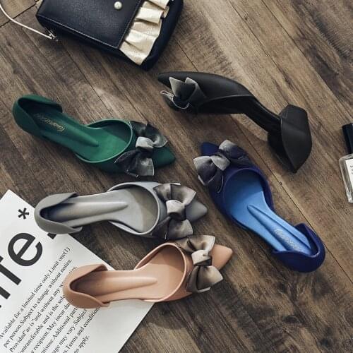 Bowknot jelly shoes woman cut out thick heels summer slip on sandals pointed toe shallow casual comfy femme sandalias mujer 2020
