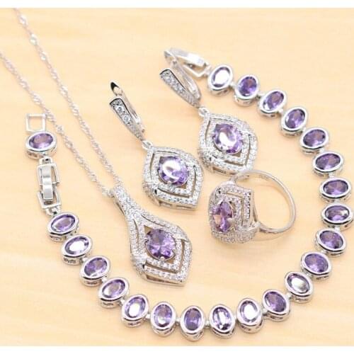 Silver Color Jewelry Sets For Women Bride Ring Earrings Pendant Necklace Bracelet Wedding Christmas Gift Purple Crystal Dubai
