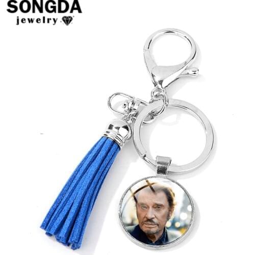 SONGDA Rock Musician French Superstar Johnny Hallyday Key Chain Art Photo Glass Cabochon Pendant PU Leather Tassel Keychain Gift