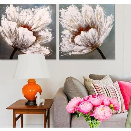 Handmade modern art white cherry flower oil painting Beautiful 2 Panel Modern Abstract Wall Art Set