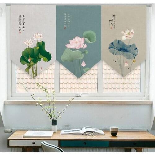 Chinese Style Lotus Zen Triangle Curtain Kitchen Bedroom Door Head Decorative Flag Curtain Bathroom Shade Curtain