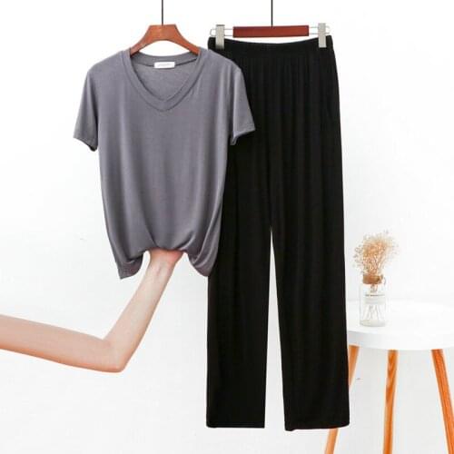 Stitching Color Pajamas For Women New Elegant V Neck Short Sleeve Shirt + Trousers Suit Large Size Modal Sleepwear Pijama Set