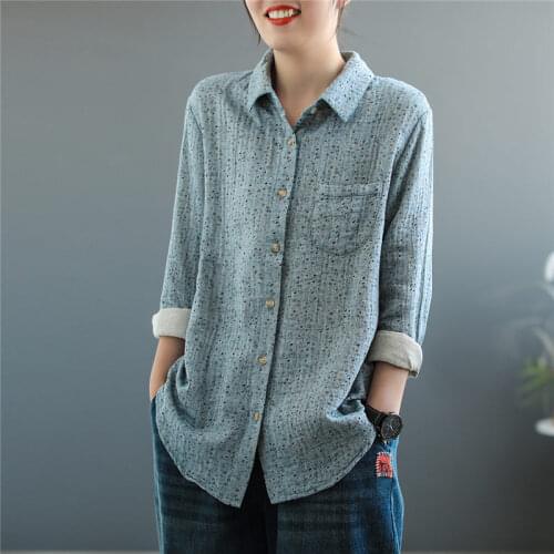Retro Floral Print Cotton And Linen Shirt Womens Double-Layer Yarn Vintage Spring Long Sleeve Casual Blouse & Tops zh030