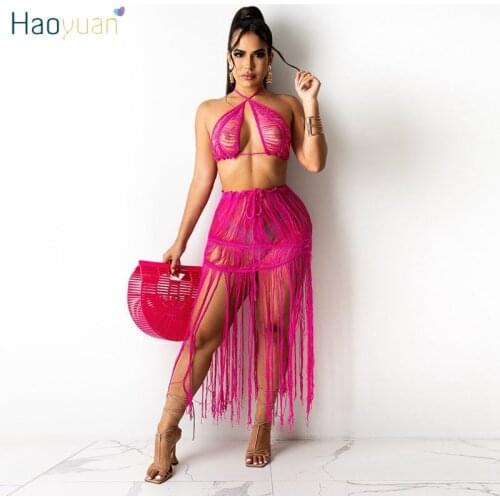 HAOYUAN Sexy Sheer Two Piece Swimsuit Backless Crop Top Tassel Midi Dresses for Women Beach Rave Outfit Clubwear Matching Sets