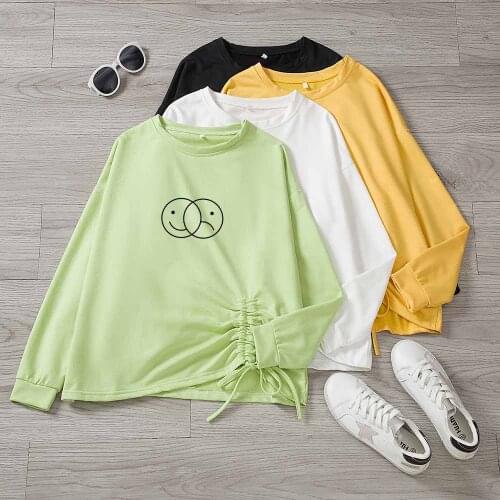 Drawstring Top Long Sleeve Duality Sad and Smiling Face Autumn Top Green Sweatshirt Women Round Neck Pullover Sweatshirt