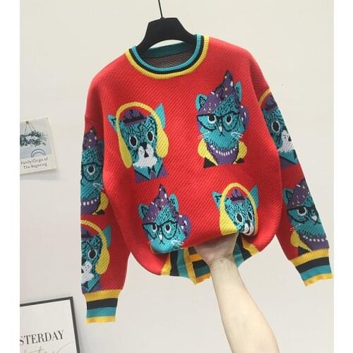 Women Fall Cartoon Cats Print Knitted Sweater Long-sleeved Jacquard Pullover Sweaters Jumper Knitwear O-neck Loose Tops Sweter