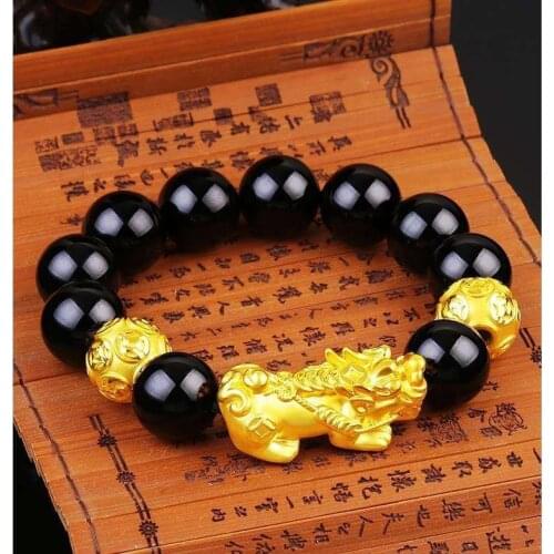 Feng Shui Obsidian Stone Beads Bracelet Men Women Unisex Wristband Black Pixiu Brave Troops Wealth and Good Luck Women Bracelet
