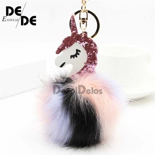 Pompom Unicorn Keychain Colorful Poms Fake Rabbit fur ball Fluffy Key Chain Horse porte clef Wome Bag Car Keyring llavero mujer