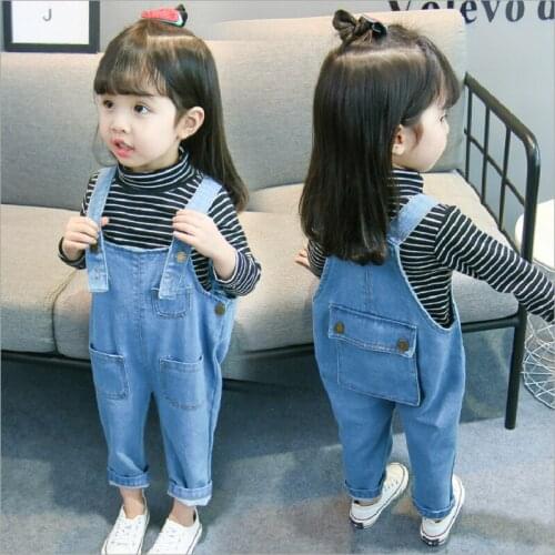 Spring Denim Overalls For Children Clothes Cotton Stripe Long Sleeve T-Shirt +Jeans Overalls Set For Girls Baby Girls Jeans